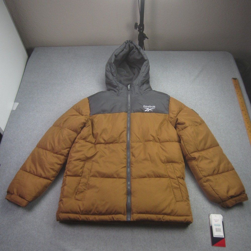 Reebok‎ Jacket Boys Youth Large 14/16 Timber Brown Grey Puffer Hooded Full Zip